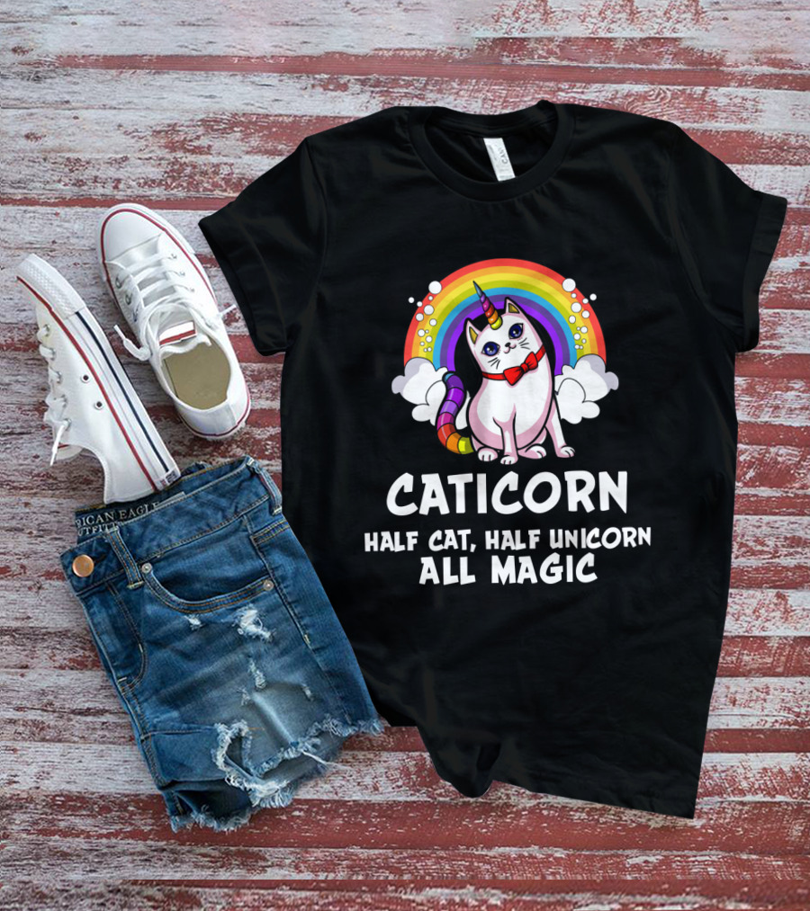 Caticorn Half Cat Half Unicorn All Magic Rainbow Bow Magic T-Shirt