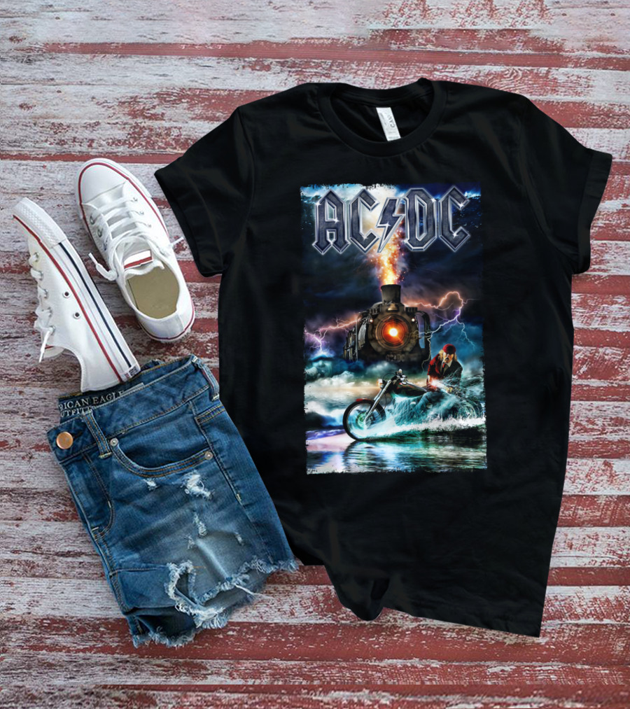 AC/DC Rock And Roll Train With Lightning And Motorbike Scene T-Shirt