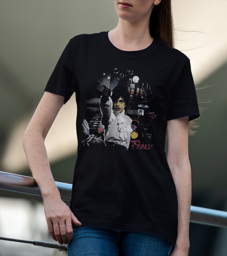 Prince Retro Iconic 1980s Music Legend With Guitar And City Skyline T-Shirt