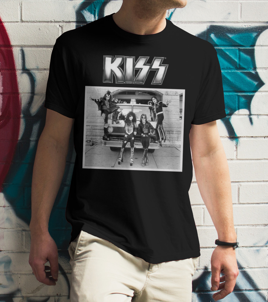 KISS Band On Cadillac With Logo Black And White Photograph T-Shirt