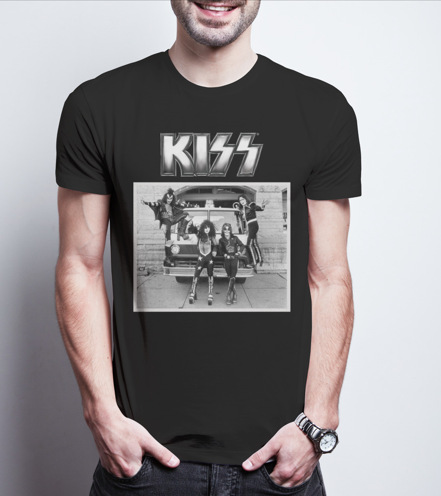 KISS Band On Cadillac With Logo Black And White Photograph T-Shirt