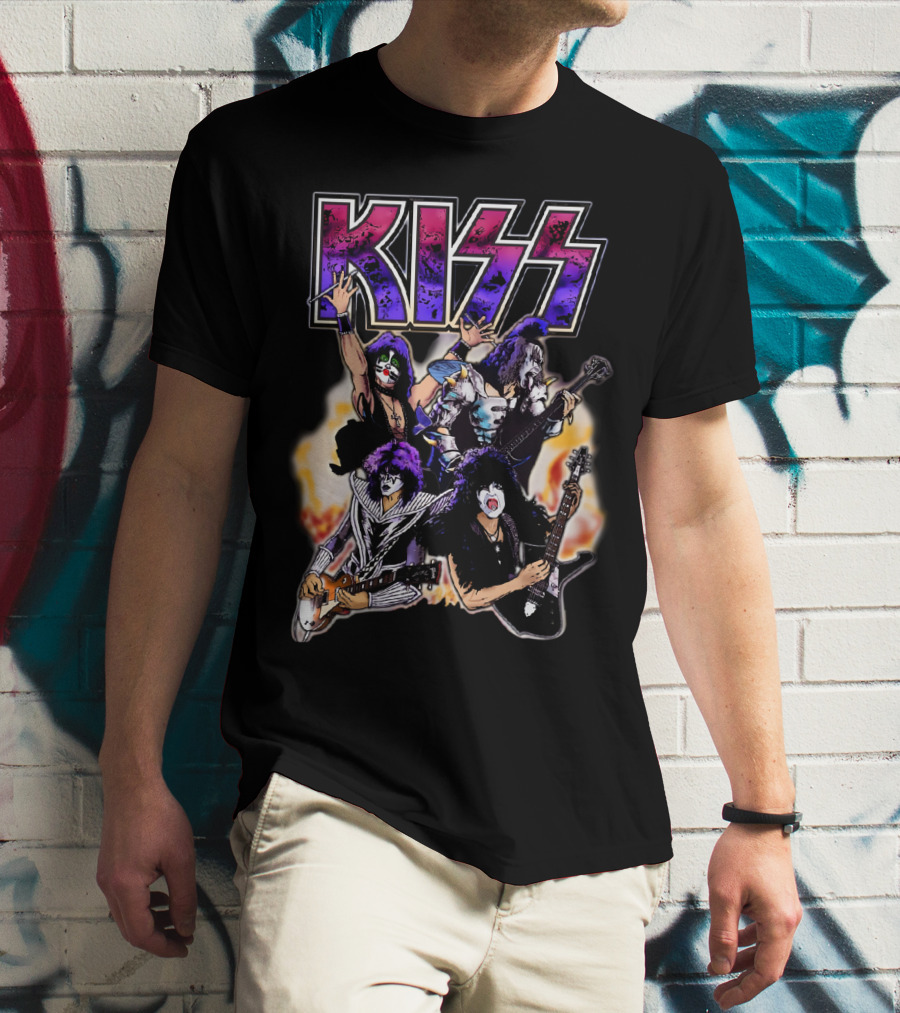 KISS Band Cartoon Graphic With Fire Background T-Shirt