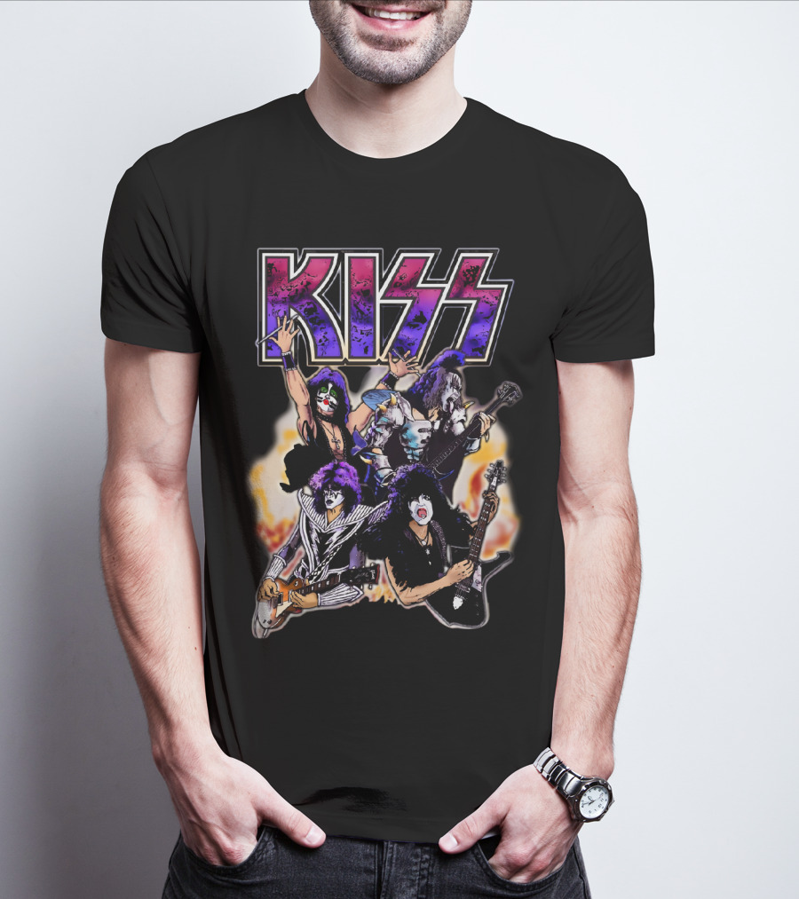 KISS Band Cartoon Graphic With Fire Background T-Shirt