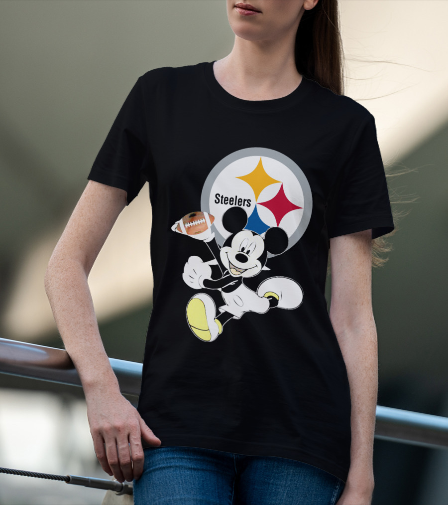 Mickey Mouse With Steelers Logo And Football T-Shirt