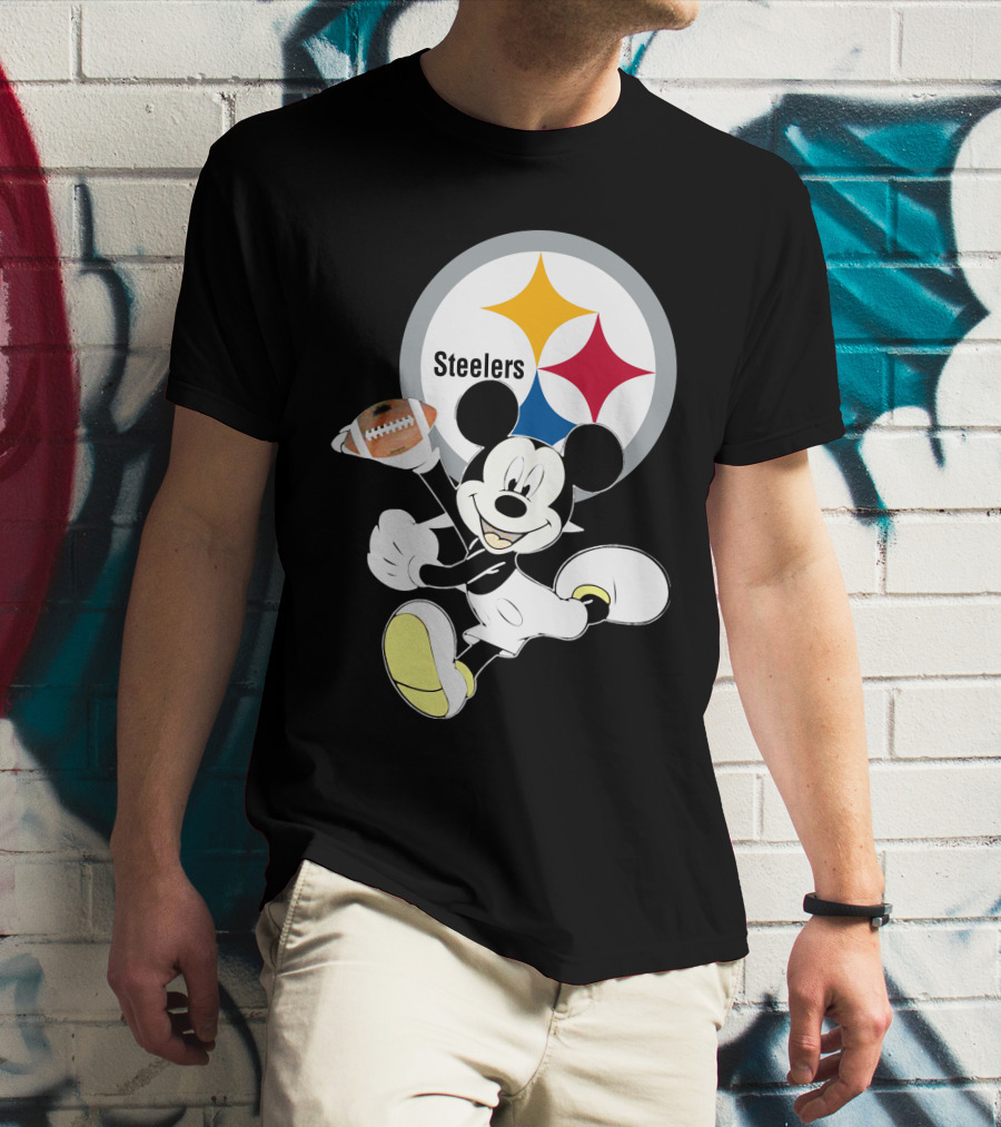 Mickey Mouse With Steelers Logo And Football T-Shirt