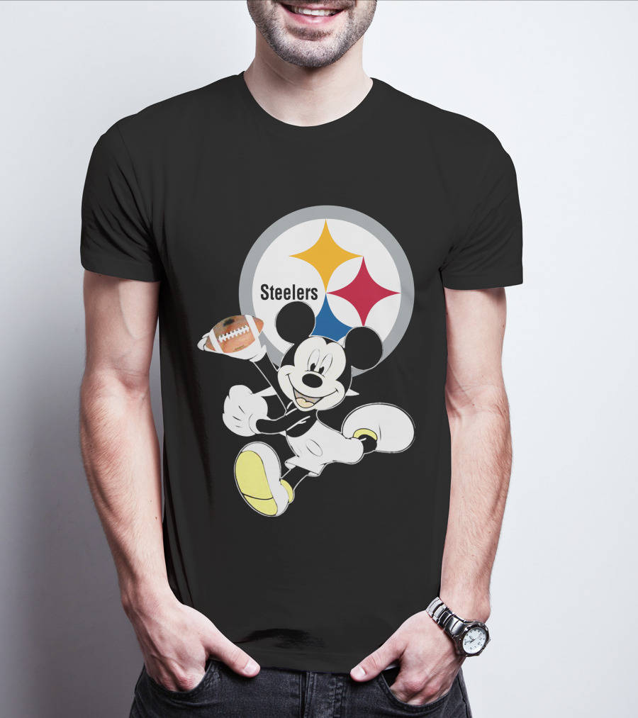Mickey Mouse With Steelers Logo And Football T-Shirt