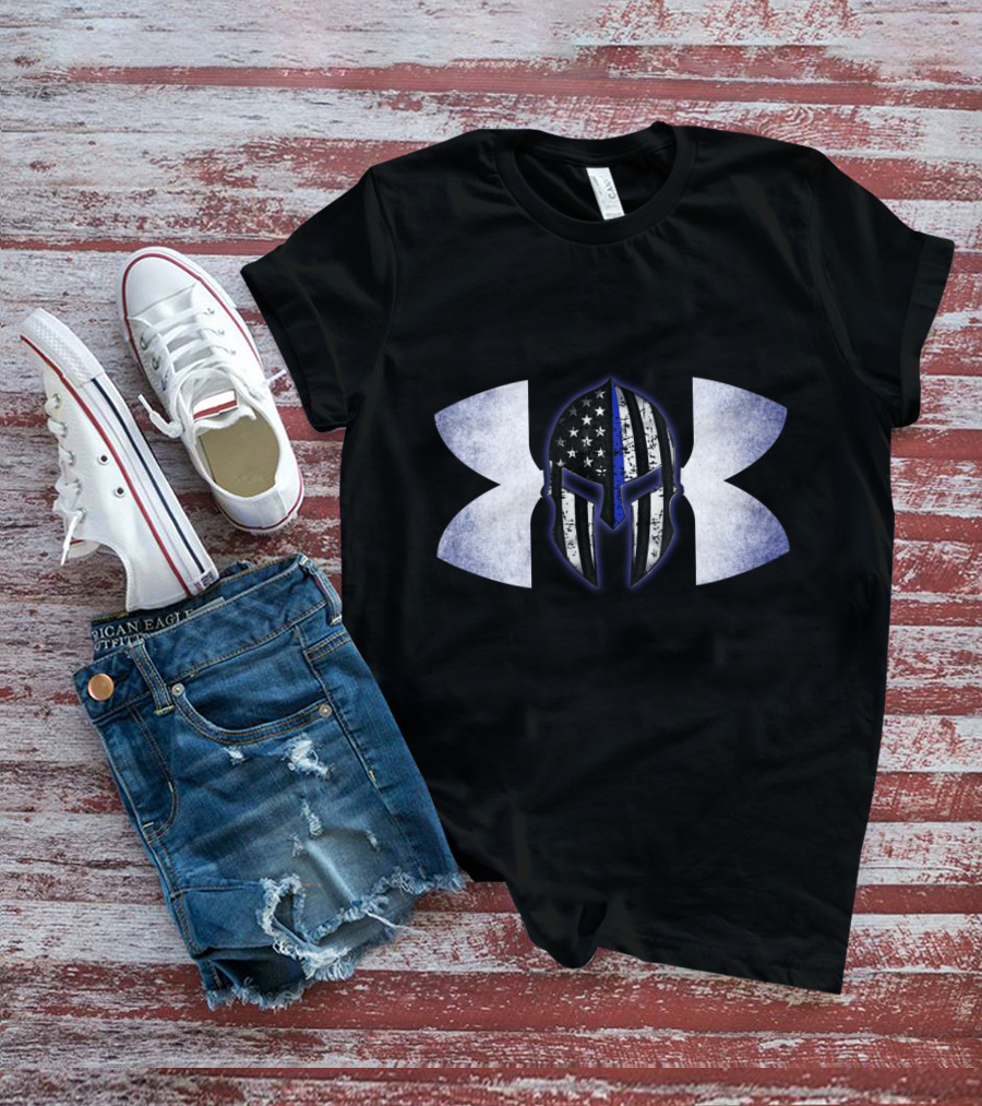 Thin Blue Line Spartan Helmet With American Flag And Tactical T-Shirt