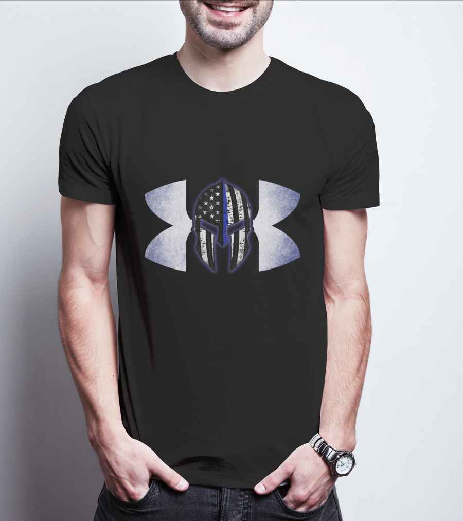 Thin Blue Line Spartan Helmet With American Flag And Tactical T-Shirt