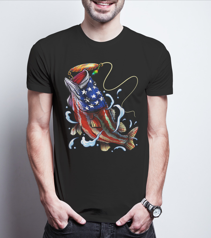 American Flag Bass Fishing Angler Dad Fish T-Shirt