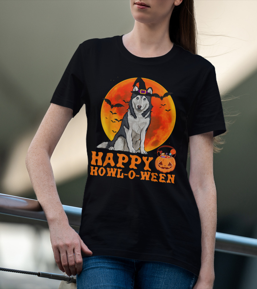 Halloween Siberian Husky Dog Happy Howl-O-Ween Pumpkin Moon Bats T-Shirt
