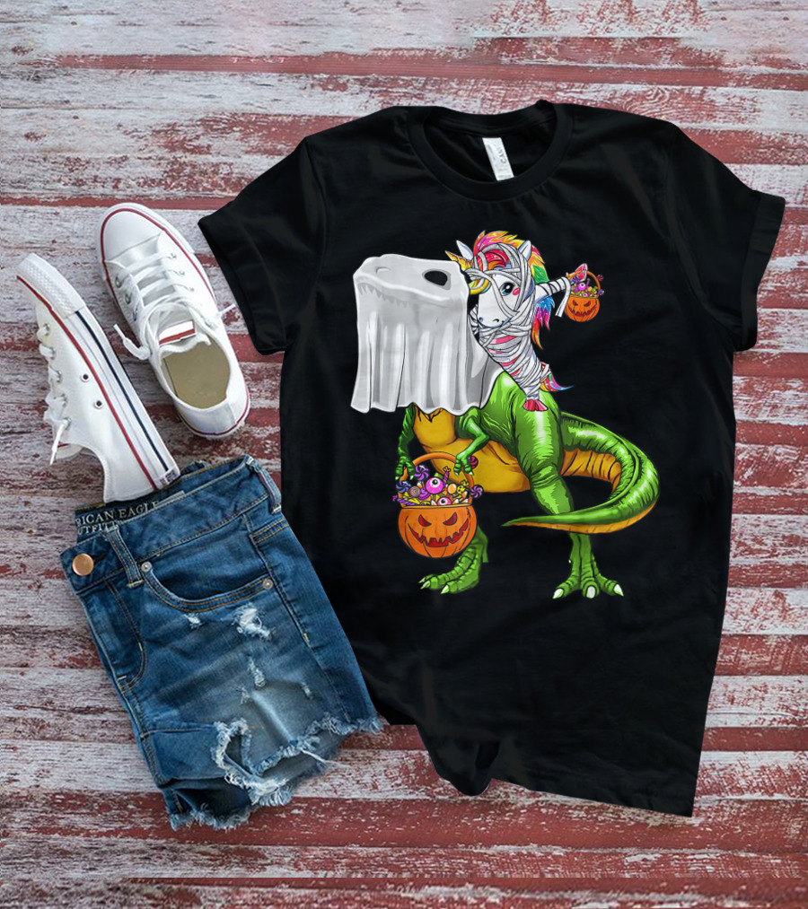 Funny Boo Dinosaur Mummy Unicorn Carrying Pumpkin Halloween T-Shirt