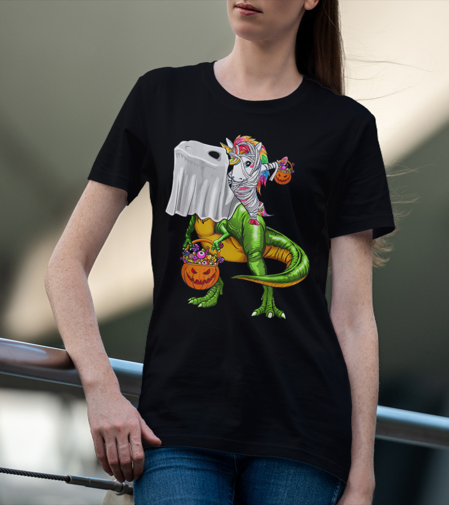 Funny Boo Dinosaur Mummy Unicorn Carrying Pumpkin Halloween T-Shirt