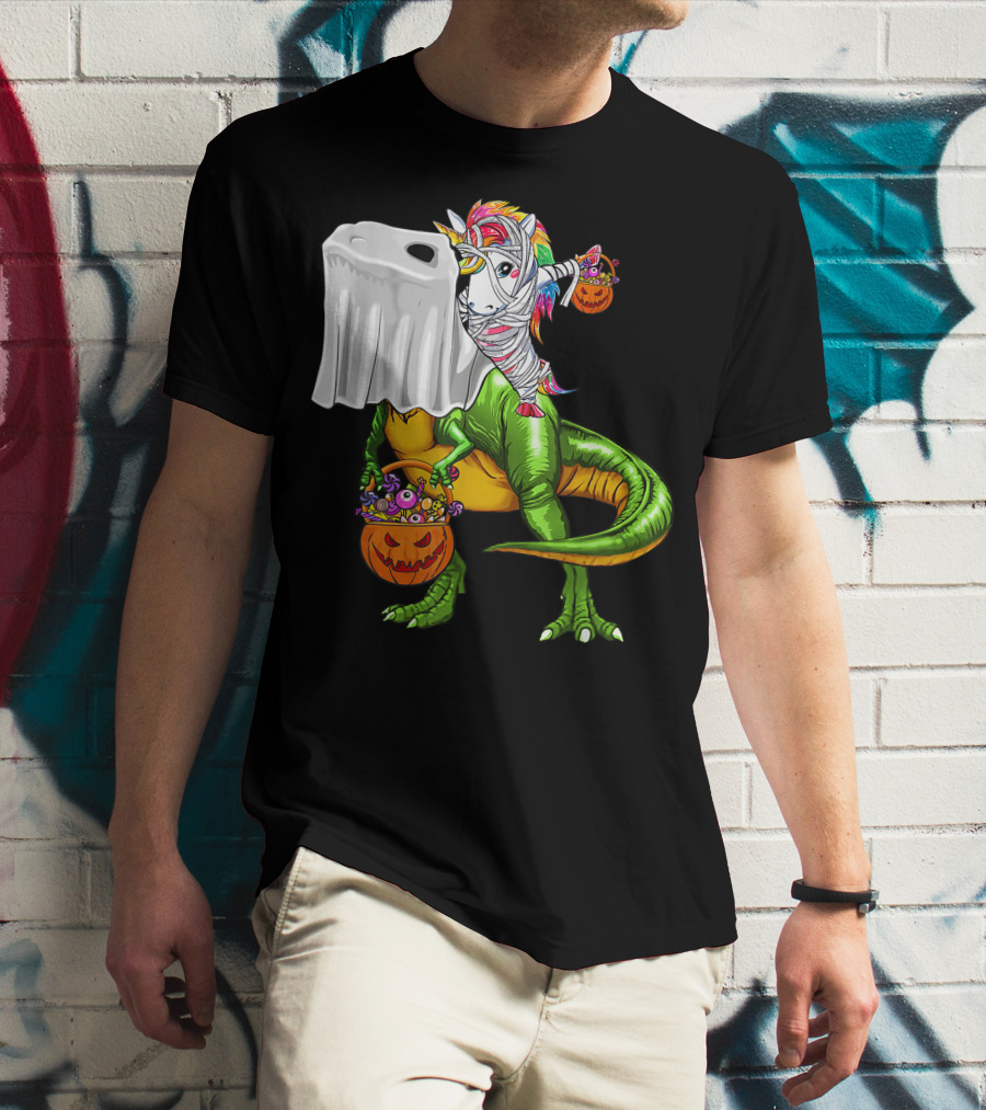 Funny Boo Dinosaur Mummy Unicorn Carrying Pumpkin Halloween T-Shirt