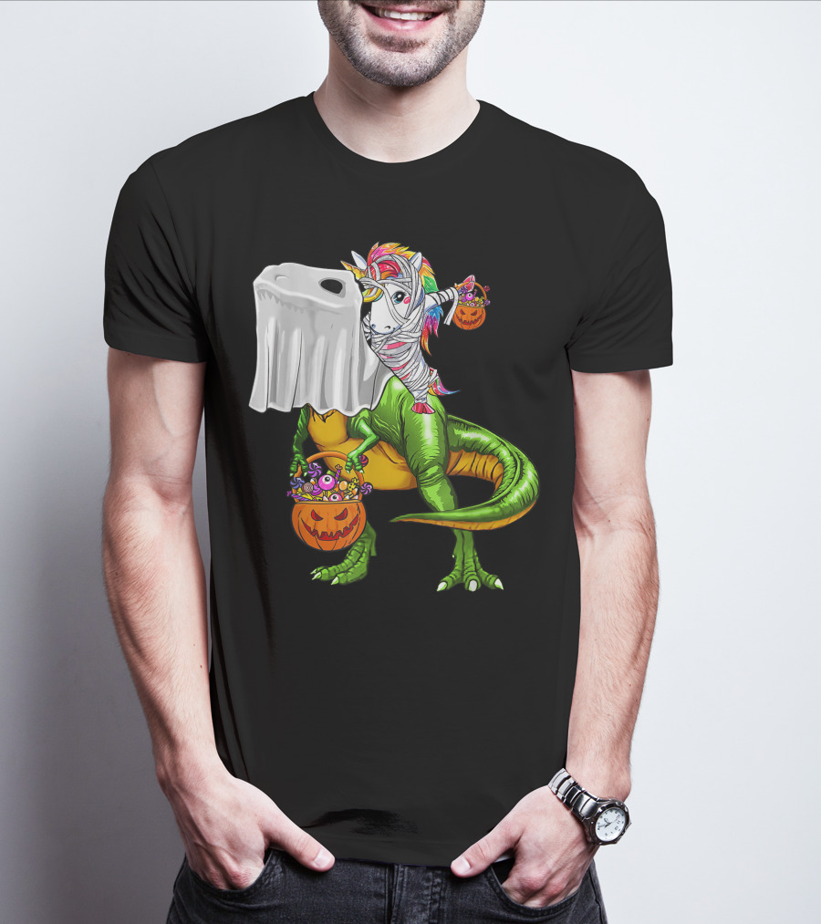 Funny Boo Dinosaur Mummy Unicorn Carrying Pumpkin Halloween T-Shirt