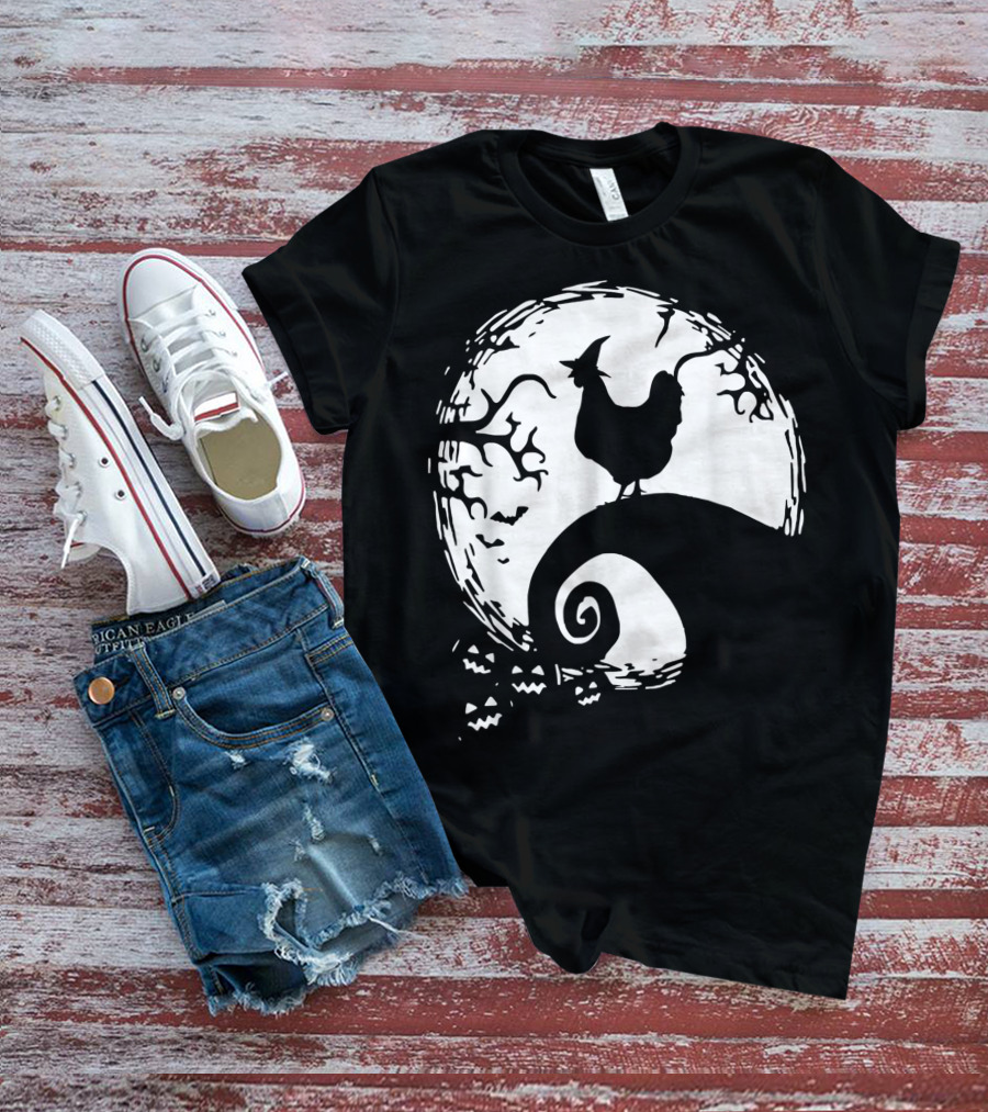 Funny Chicken Halloween Moon Pumpkin Nightmare Hill Scene T-Shirt