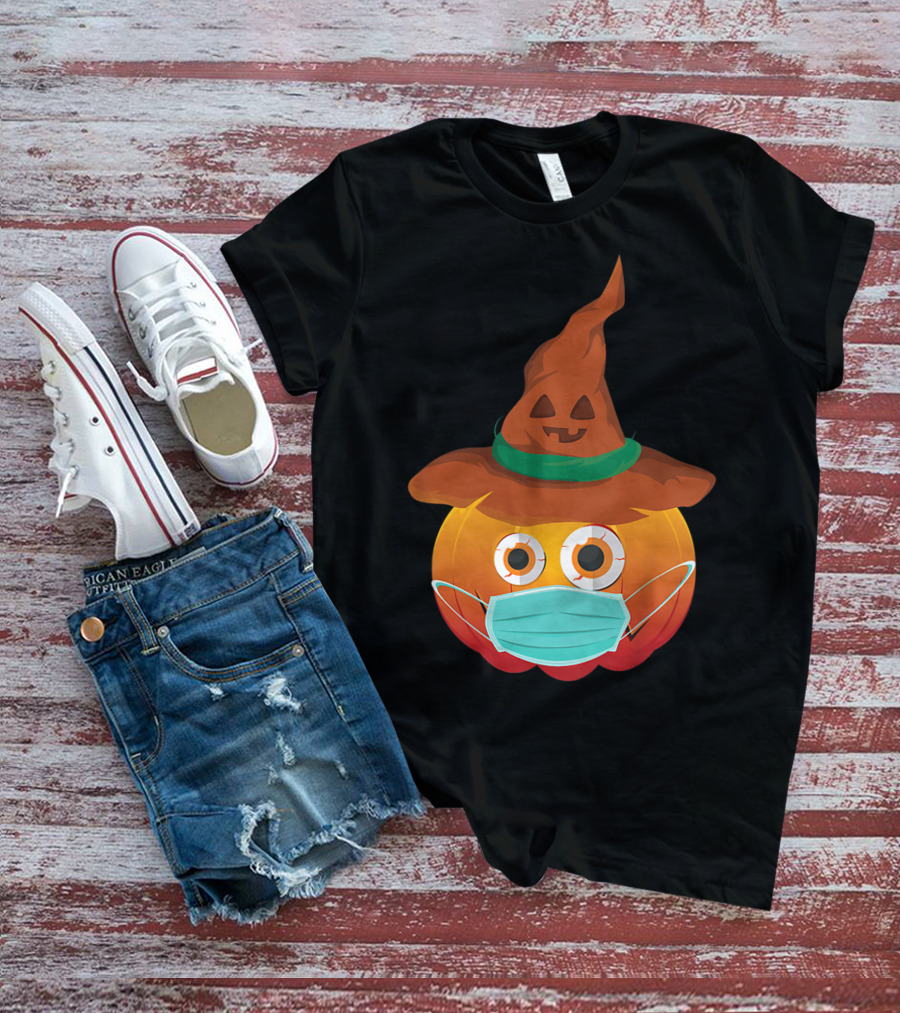 Funny Pumpkin Mask Witch Hat Costume T-Shirt