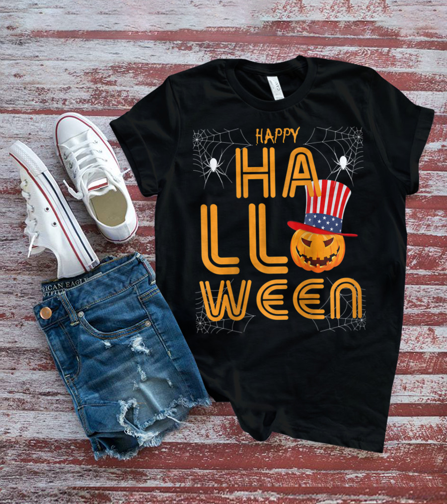 Happy Halloween Funny Orange Pumpkin American Flag Hat With Spider Webs T-Shirt