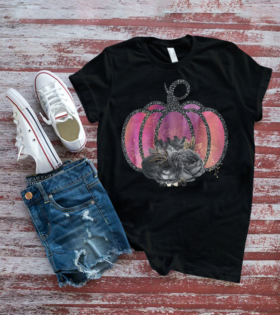 Women Halloween Pumpkin Unique Fall Raglan Baseball With Black Floral Accents T-Shirt