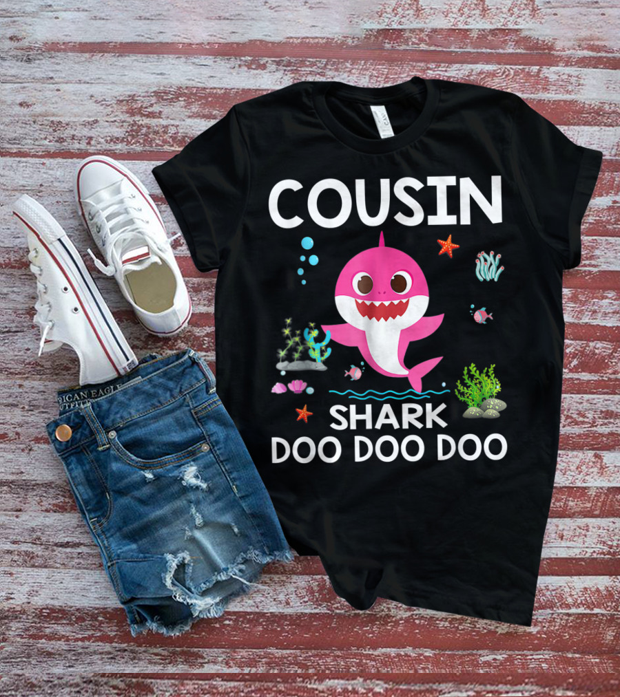 Cousin Shark Doo Doo Doo Funny Cousin Best Birthday With Underwater Sea Creatures And Pink Shark T-Shirt