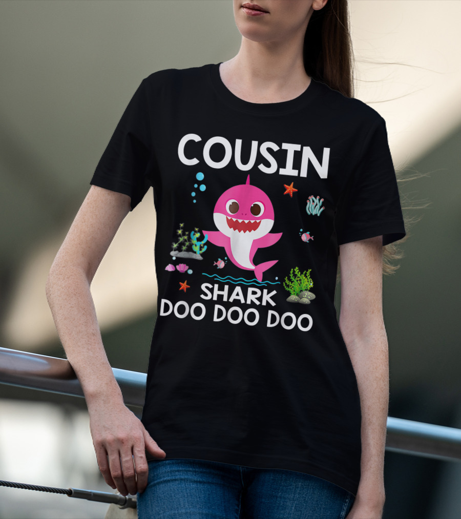 Cousin Shark Doo Doo Doo Funny Cousin Best Birthday With Underwater Sea Creatures And Pink Shark T-Shirt