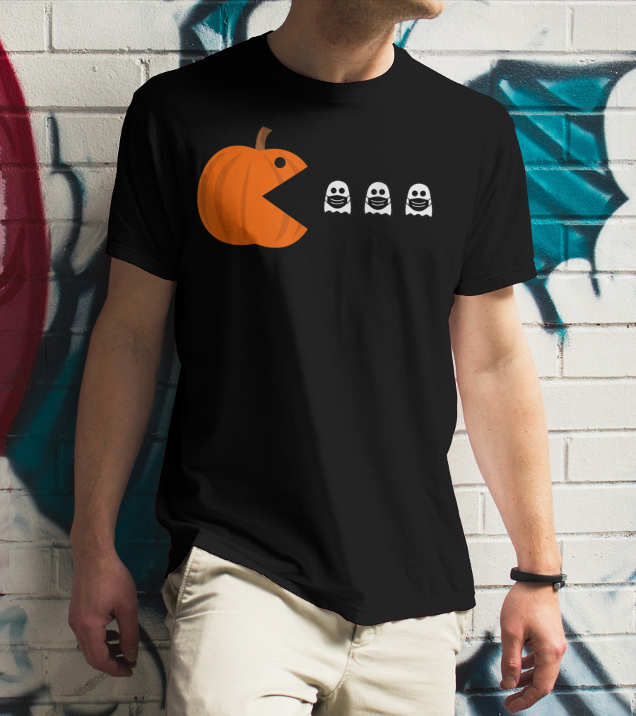 Pac-Man Pumpkin Eating Ghosts Funny Halloween Men's T-Shirt