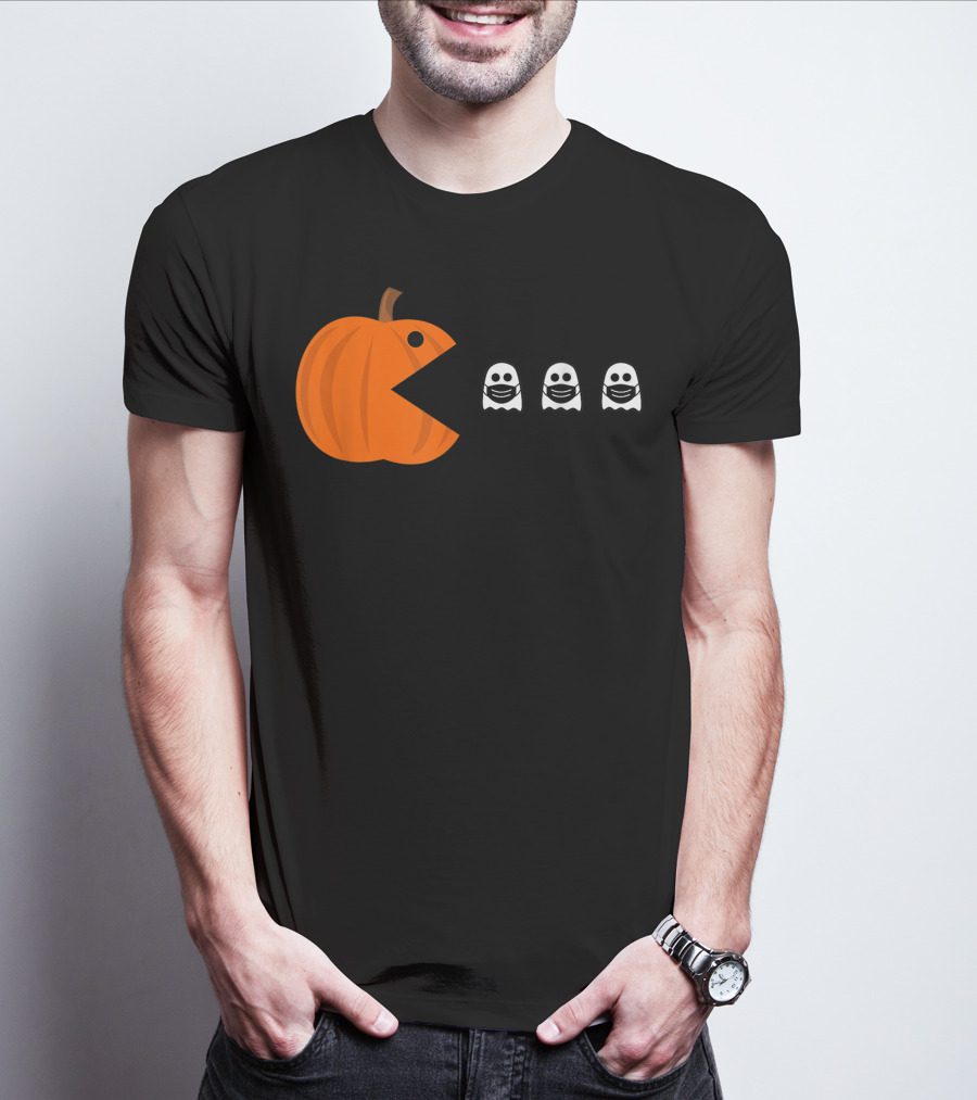 Pac-Man Pumpkin Eating Ghosts Funny Halloween Men's T-Shirt