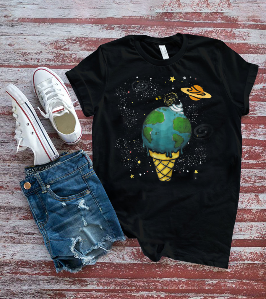 Funny Space Galaxy Earth Saturn Planets In Ice Cream Cone T-Shirt