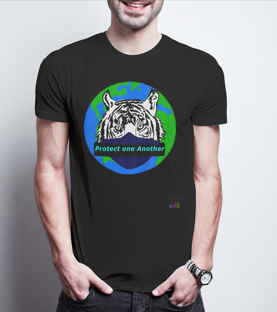 Lucmarty Protect One Another Tiger Wearing Face Mask Over Earth T-Shirt
