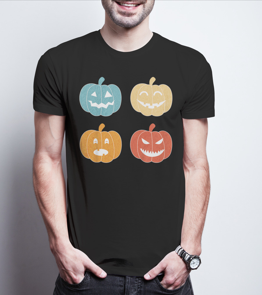 Vintage Halloween Colorful Pumpkin Faces T-Shirt