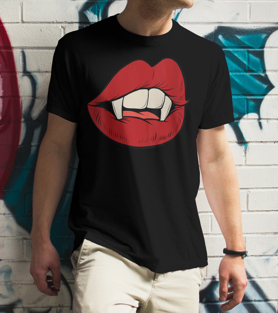 Women Vampire Kiss Halloween Rock Punk Goth Lips Fangs T-Shirt