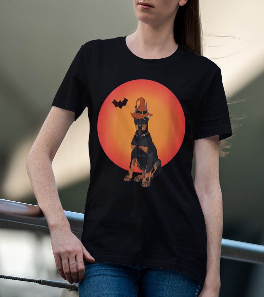 Women Doberman Dog Halloween Witch Hat Puppy And Animal Lovers T-Shirt