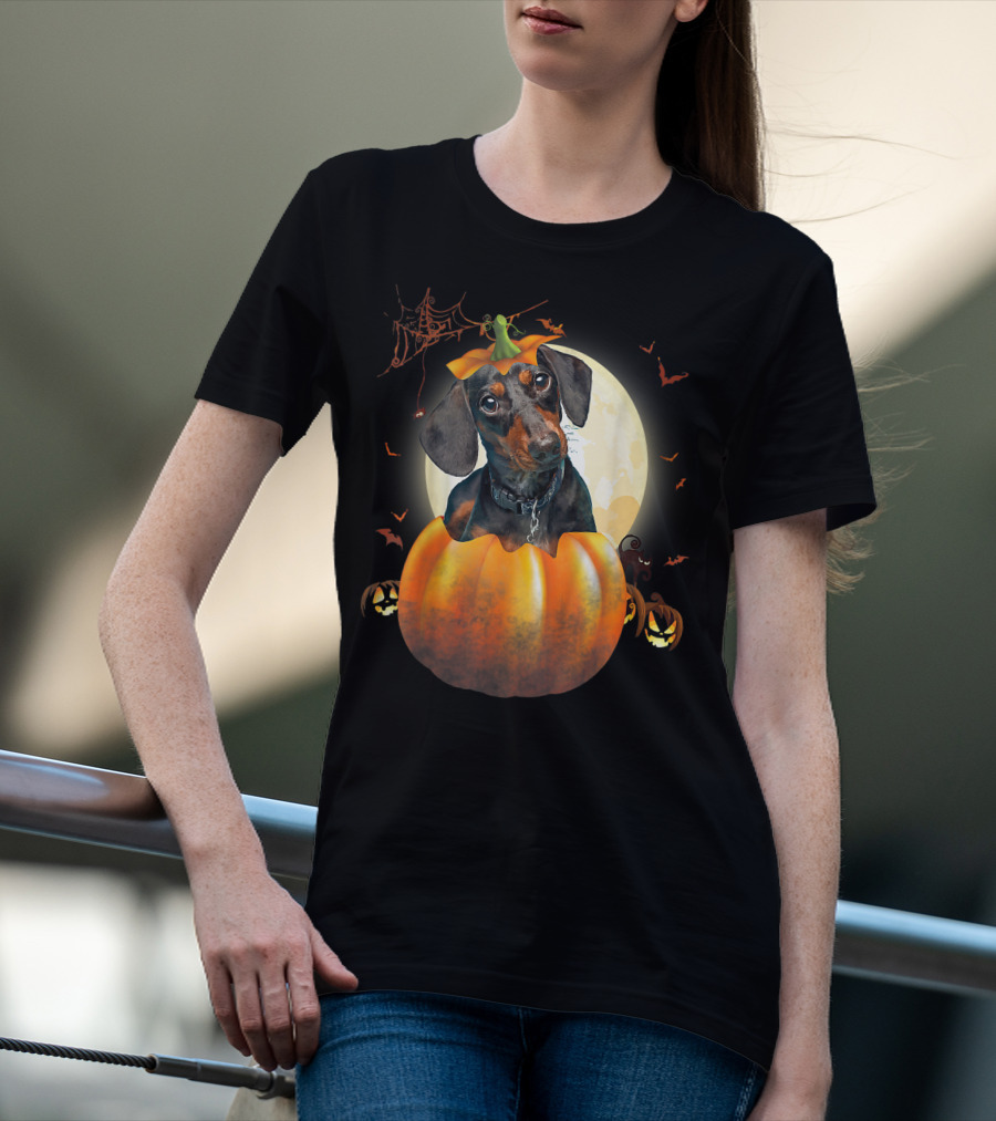 Halloween Funny Dachshund Pumpkin Moon Bats Spiderweb T-Shirt
