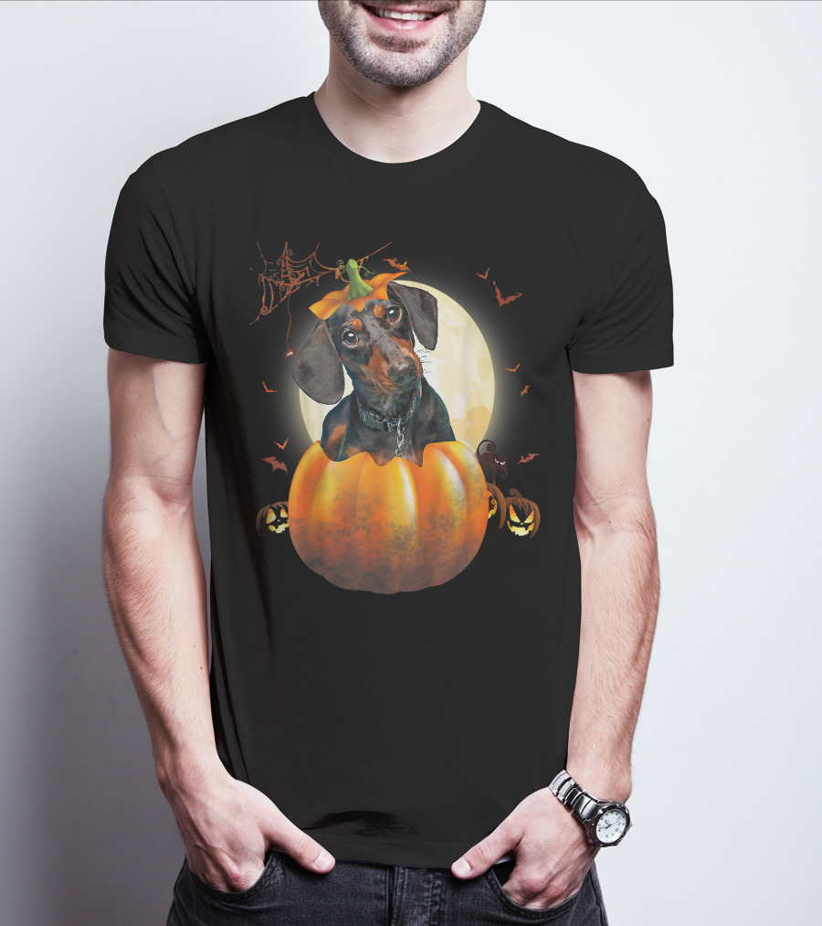 Halloween Funny Dachshund Pumpkin Moon Bats Spiderweb T-Shirt