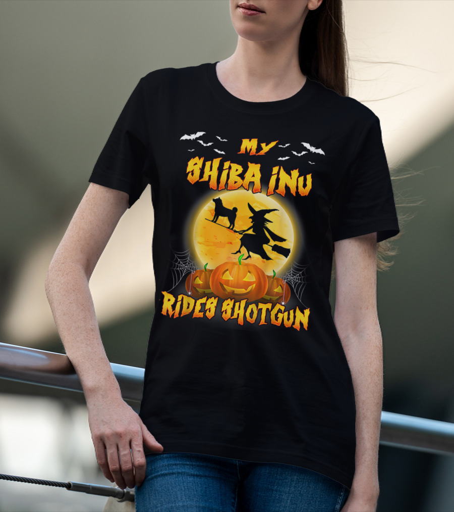 My Shiba Inu Rides Shotgun Halloween Moon Witch Pumpkins T-Shirt