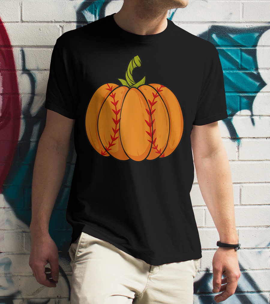Thanksgiving Baseball Halloween Pumpkin Boys Pitcher Catcher Colorful Stitched T-Shirt