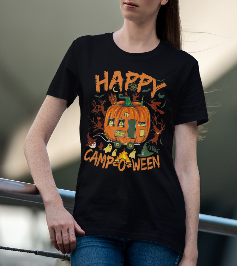 Happy Camp O Ween Halloween Camping Camper With Pumpkin, Ghosts, And Witch Hat T-Shirt