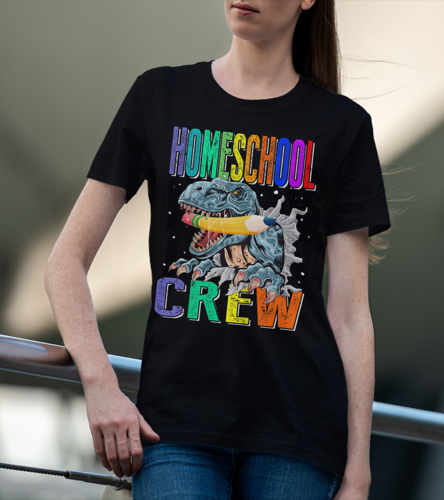 Homeschool Crew Dinosaur Funny Back To School Rainbow Colorful Pencil T-Rex T-Shirt