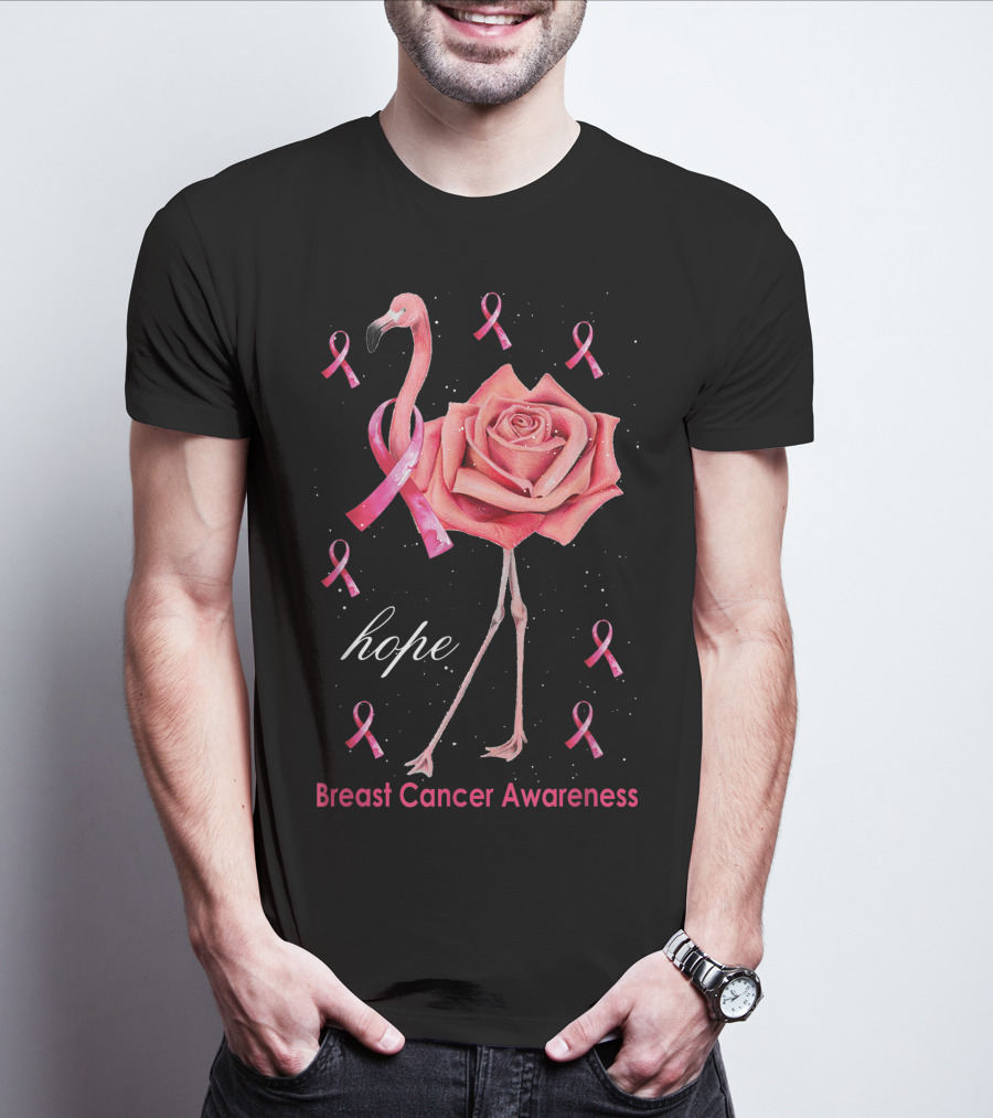 Hope Flamingo Breast Cancer Awareness Pink Ribbon Flower T-Shirt