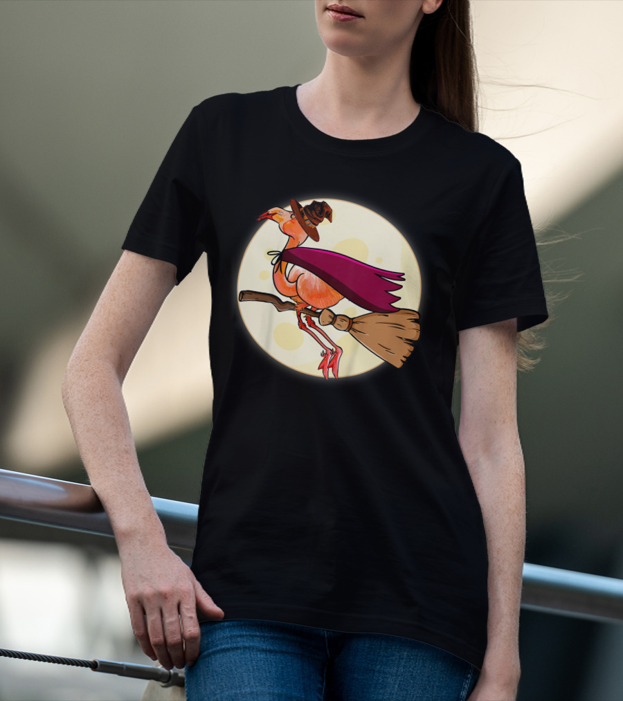 Funny Flamingo Witch Halloween Costume Colorful Lovers Broomstick Moon Hat T-Shirt
