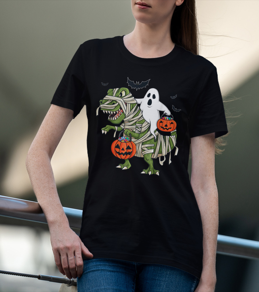 Halloween Ghost Riding Mummy Dinosaur With Pumpkins And Bats T-Shirt