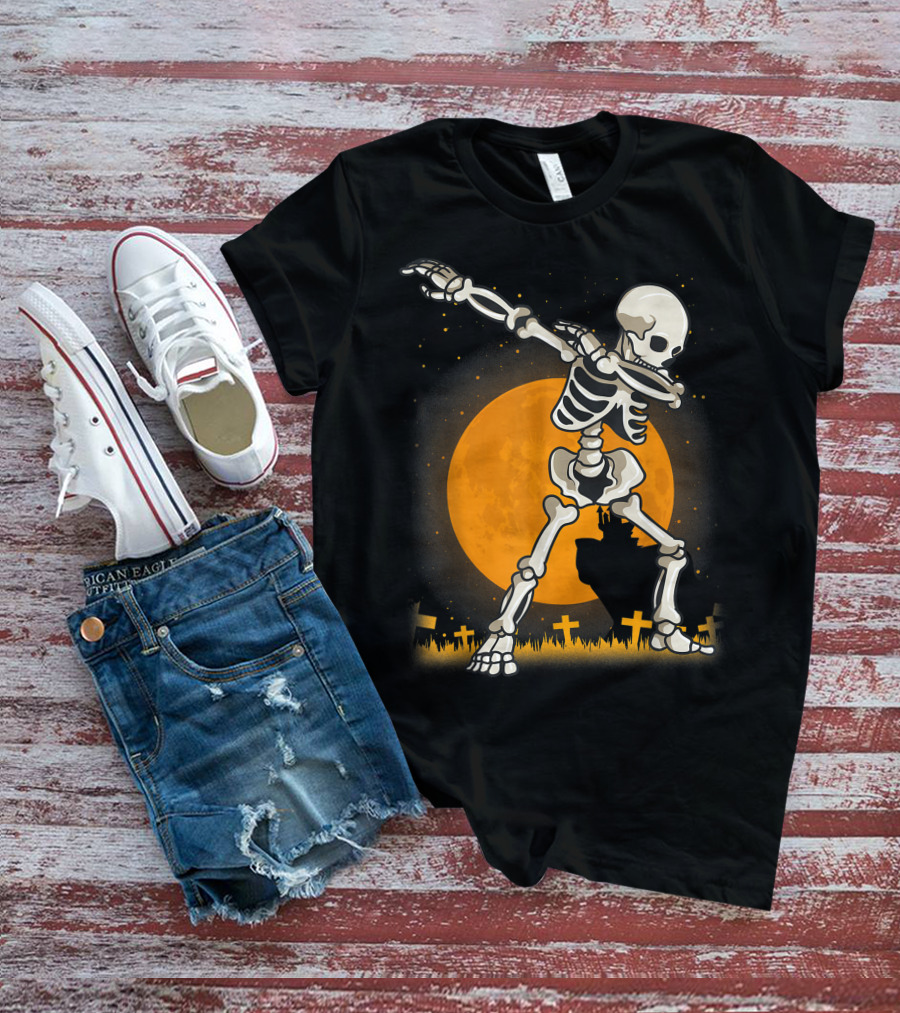 Dabbing Skeleton Dab Best Costume Halloween Moon Graveyard T-Shirt