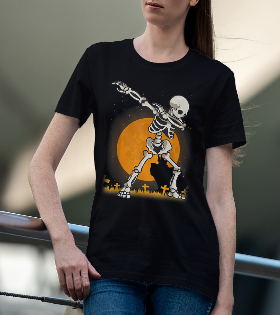 Dabbing Skeleton Dab Best Costume Halloween Moon Graveyard T-Shirt
