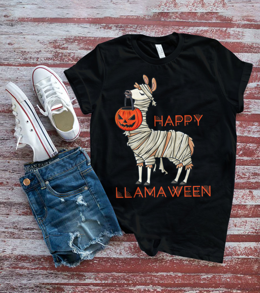 Halloween Llama Mummy Holding Pumpkin Happy Llamaween T-Shirt