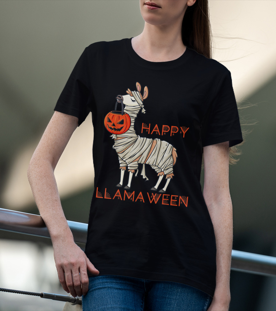 Halloween Llama Mummy Holding Pumpkin Happy Llamaween T-Shirt