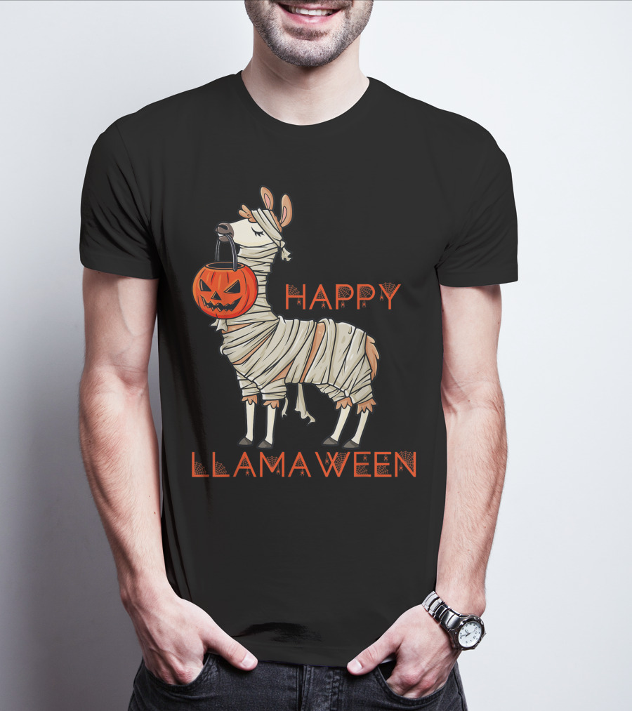 Halloween Llama Mummy Holding Pumpkin Happy Llamaween T-Shirt