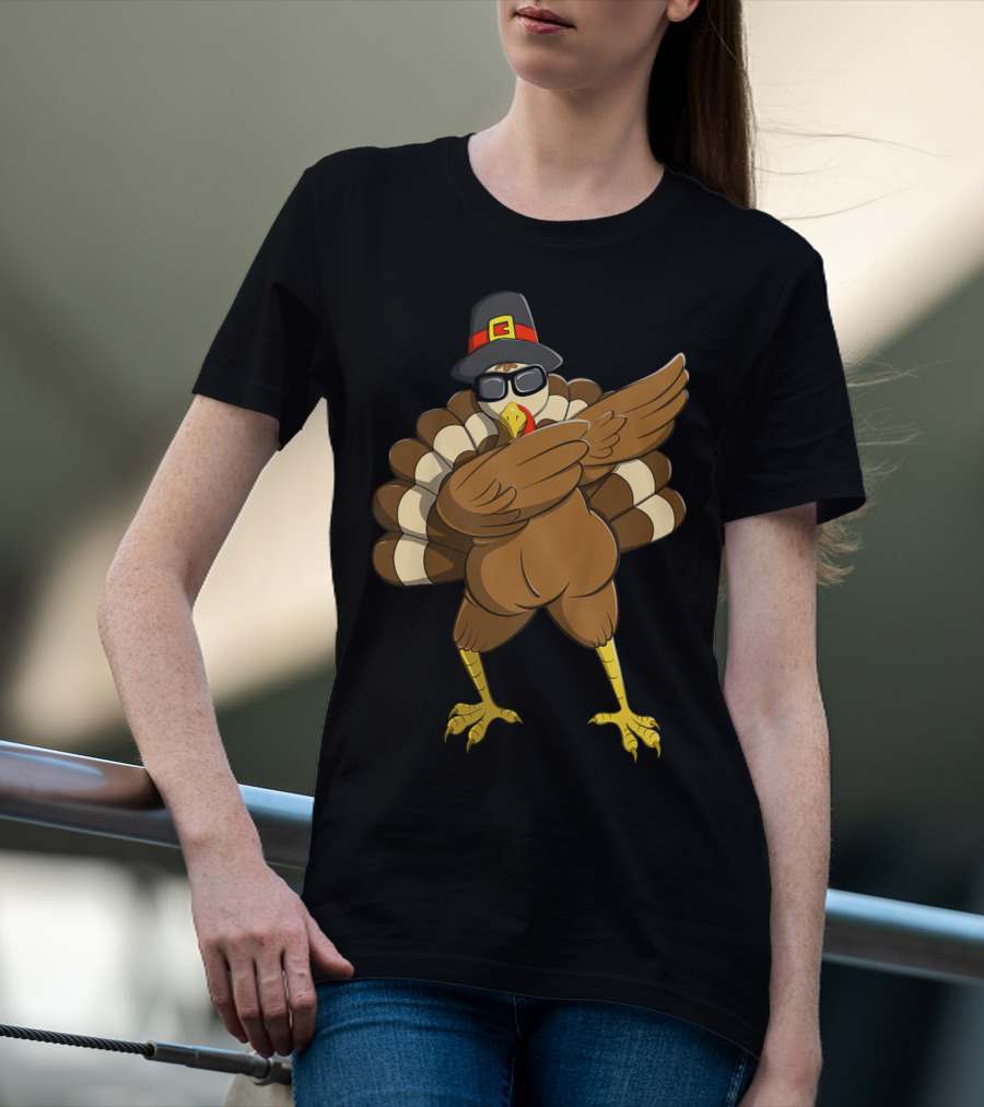 Happy Thanksgiving Day Family Funny Dab Turkey With Pilgrim Hat T-Shirt