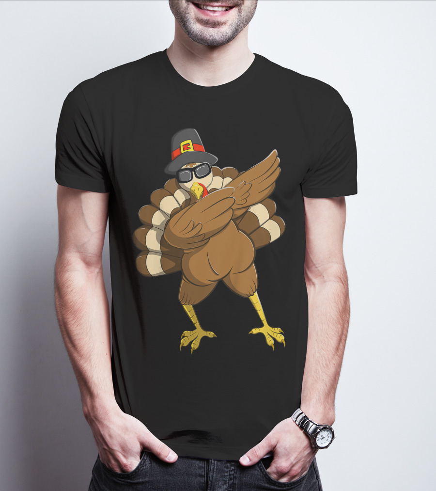 Happy Thanksgiving Day Family Funny Dab Turkey With Pilgrim Hat T-Shirt
