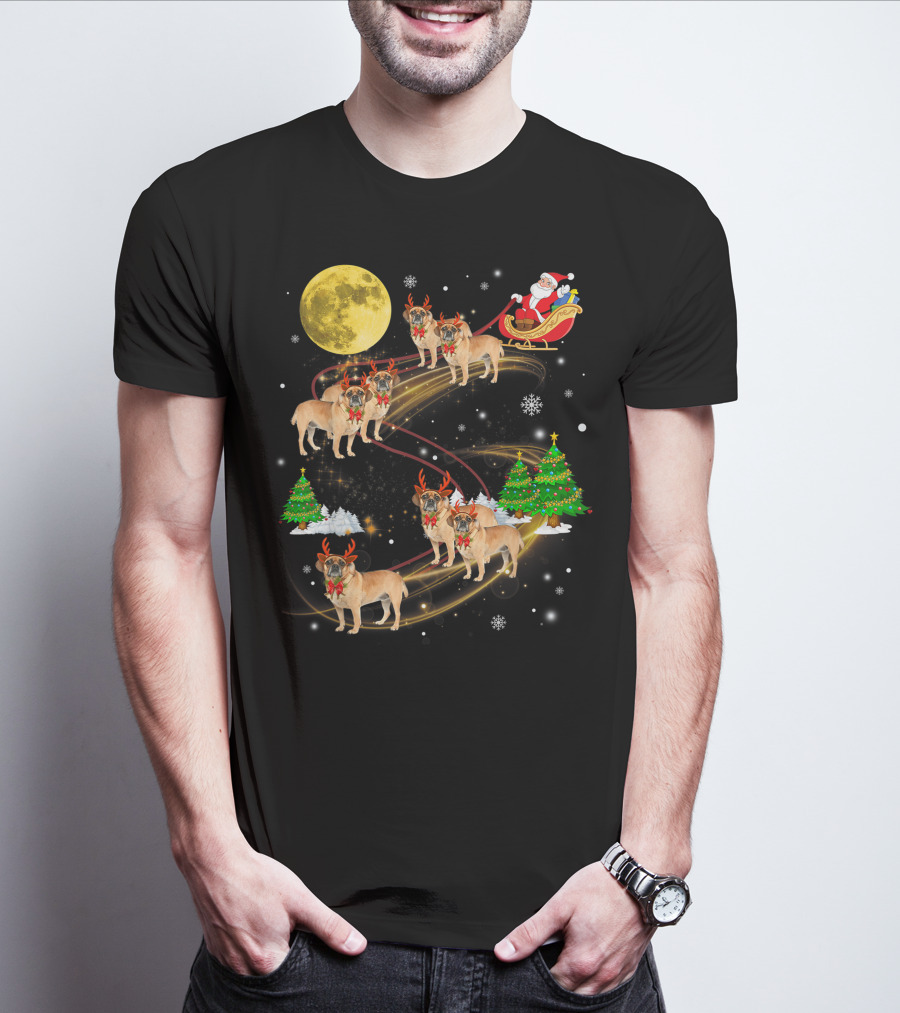 Puggle Reindeer Christmas Santa Sleigh Full Moon Holiday Scene T-Shirt