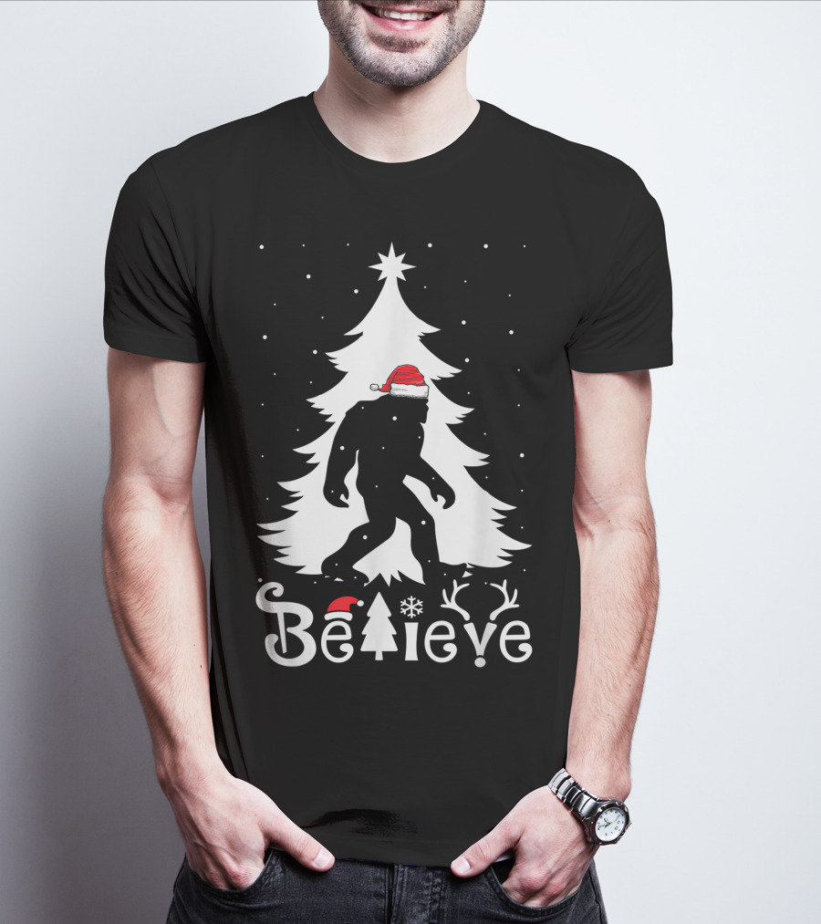 Believe Bigfoot Christmas Santa Hat Snowflakes T-Shirt