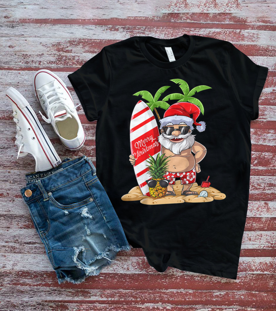 Merry Christmas Santa Hawaiian Surfing Summer Fun Pineapple Beach T-Shirt